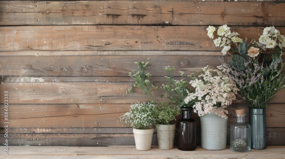 Poster a wooden wall with a bunch of potted plants and vases on it. the plants are of different sizes and c