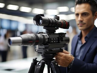 Video operator with futuristic digital camera.