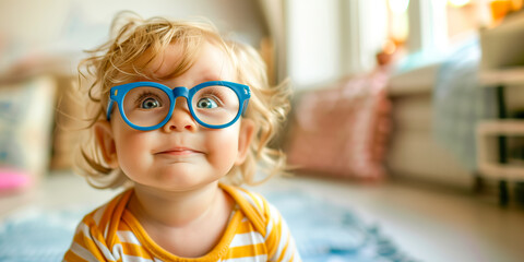 Portrait little happy baby child wearing glasses in brightly room