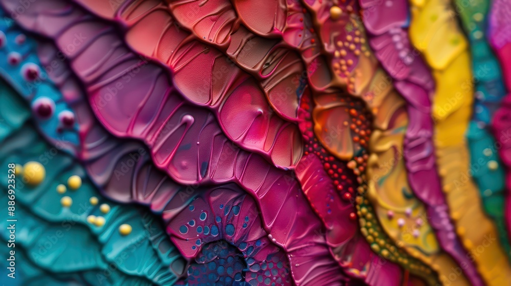 Poster a colorful painting with a lot of dots and swirls. the painting is full of bright colors and has a l