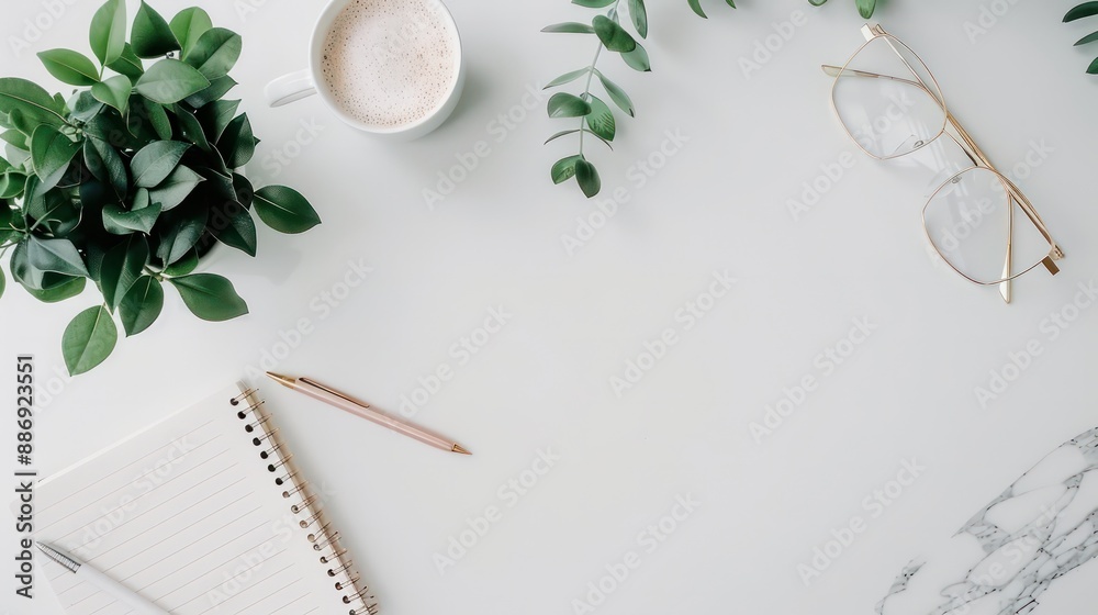 Aufkleber a white table with a notebook, pen, and glasses. the notebook is open to a page with a plant on it