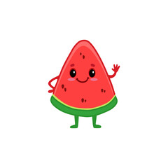 Cute watermelon character isolated on white background. Cartoon fruit, slice of watermelon. Vector illustration