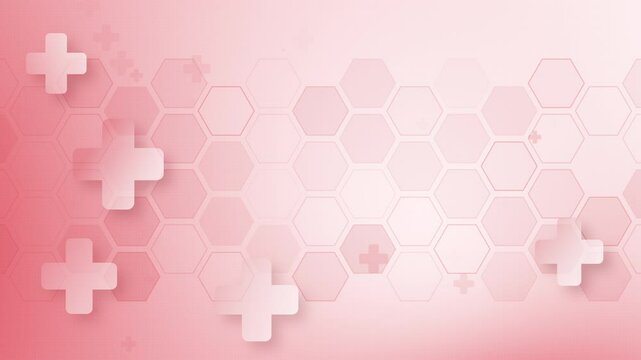 White plus symbols of different sizes and opacity on red background. Abstract pattern of medical cross with hexagon. Looped.