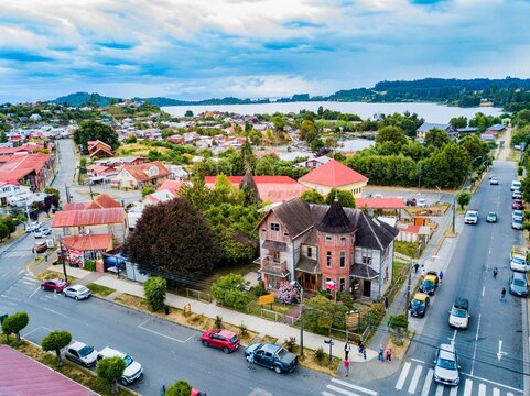 aerial view of Puerto Octay, Lagos region, Chile