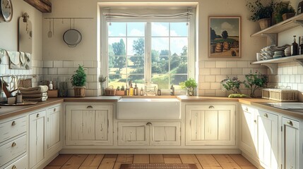 A white kitchen with a farmhouse sink and a window overlooking a green countryside.