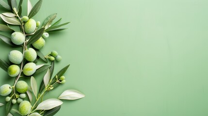 Fototapeta premium A green tree branch bearing leaves and berries against a lush green backdrop, complete with ample room for superimposed text or accompanying image