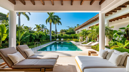 Fototapeta premium Luxury villa with sophisticated architecture and lush garden views.