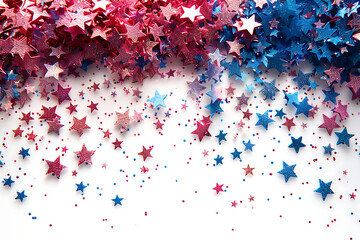 American Independence Day red blue white stars backgound. USA flag colors modern fourth of july wallpaper. Flying stars confetti american symbols.