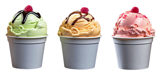 Ice cream scoops in cups, one green, one orange, and one pink, each topped with chocolate drizzle and a raspberry.