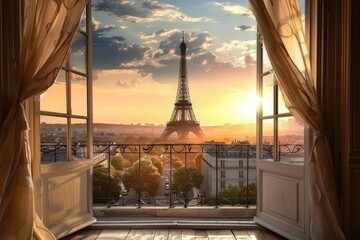View of Eiffel Tower from a residential window, showing its iconic iron structure and cityscape