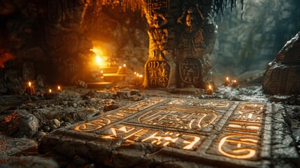 A mystical scene where ancient symbols and letters are etched into stone tablets