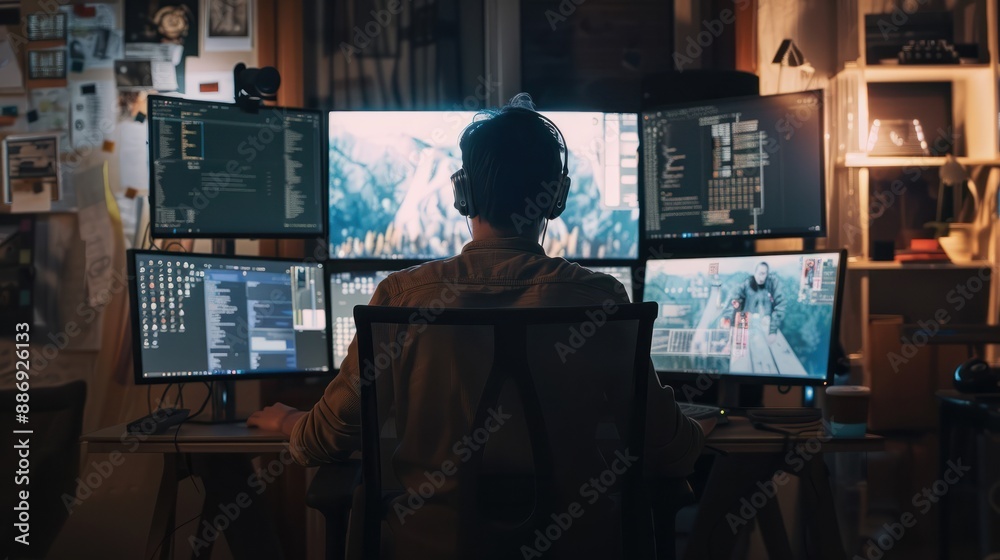 Poster expanding the viewport: programmer utilizes multiple screens for enhanced development, generative ai