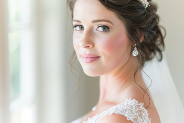 Joyful bride in elegant wedding dress smiling in a bridal boutique, showcasing bridal fashion and happiness on a special day.