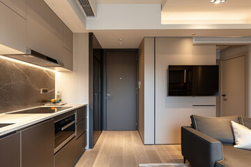 Cozy apartment with a small kitchen and living area, modern apartment interior design