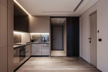 Cozy apartment with a small kitchen and living area, modern apartment interior design