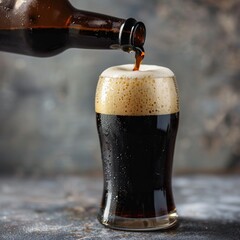 Stream pouring dark beer from the bottle into a beer glass