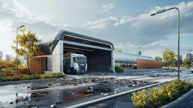 Modern waste management station utilizing data analytics to enhance garbage collection efficiency. Smart technology optimizes routes and improves recycling rates.