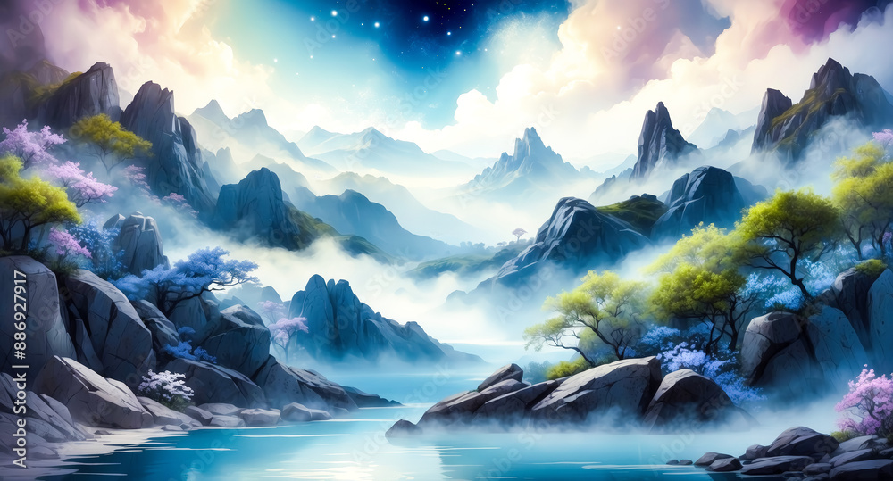 Wall mural Misty Mountain Landscape with Blue Sky and Stars