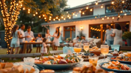 Fototapeta premium Backyard Dinner Table with Tasty Grilled Barbecue Meat, Fresh Vegetables and Salads. Happy Joyful People Dancing to Music, Celebrating and Having Fun in the Background on House Porch.
