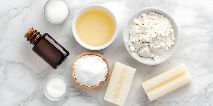 DIY natural deodorant stick ingredients arrowroot powder baking soda beeswax shea butter essential oil. Concept health, hygiene, skincare, natural, ingredients