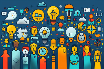 Obraz premium An illustration in flat art style, featuring icons that represent teamwork, collaboration, unity, and collective effort, all depicted with a modern design