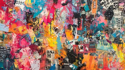 Naklejka premium chaos collage illustration, unleash your creativity with the chaos collage print, a dynamic mix of images, texts, and illustrations designed to inspire imagination