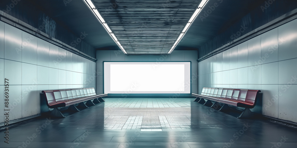 Aufkleber empty subway station platform showing large blank billboard with seats