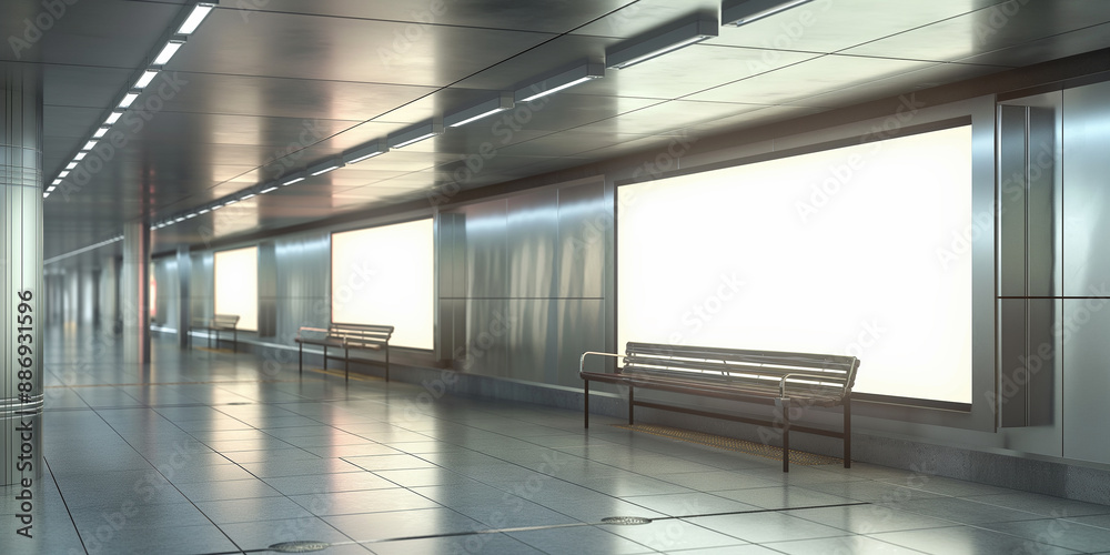 Aufkleber modern subway station corridor with empty billboard banner mockup