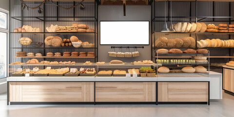 Bakery interior displaying bread and pastries with blank digital signage