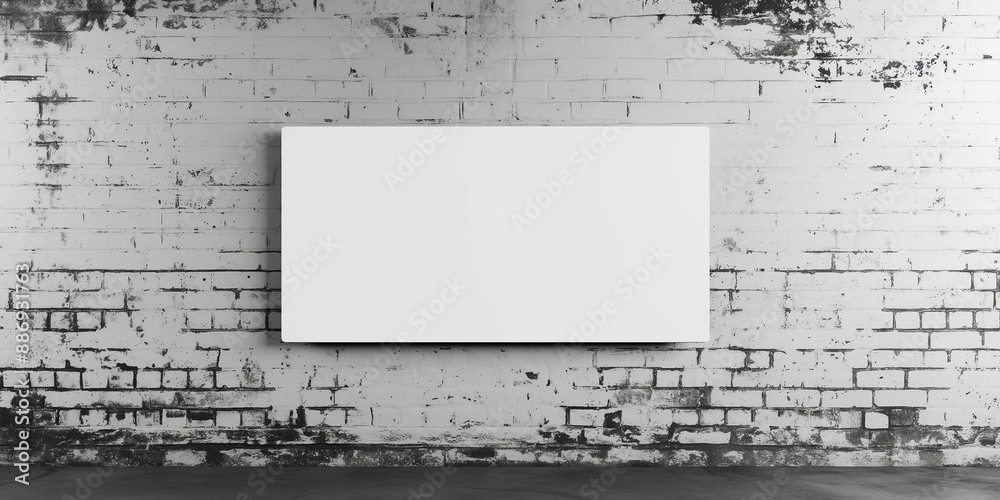 Poster white rectangular frame hanging on old brick wall providing copy space