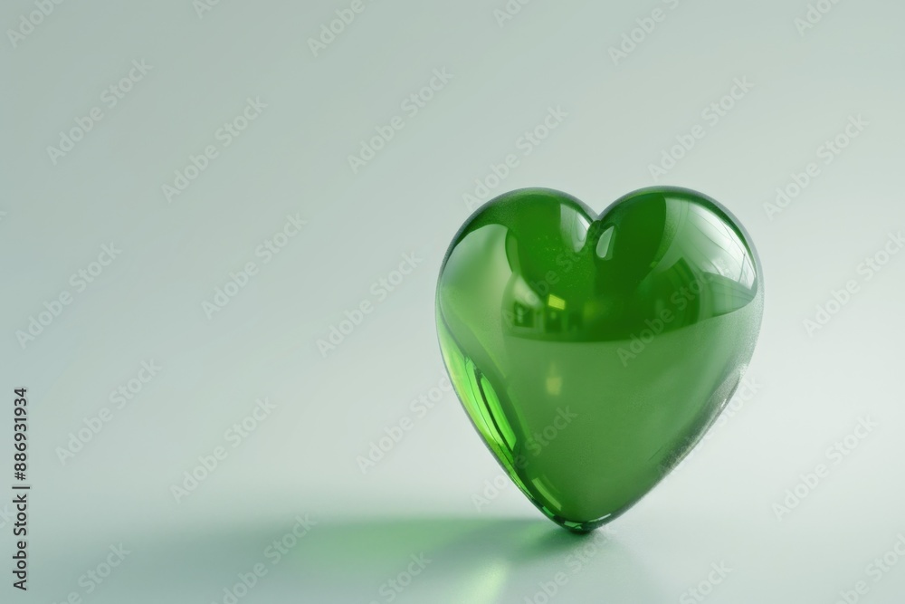 Poster a small green heart-shaped object sits on a white surface, great for use in designs and illustration