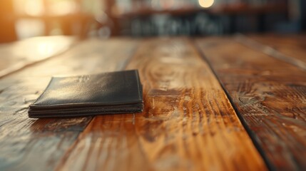  A book on a wooden table with indistinct bookshelves behind it and a clear book in the foreground