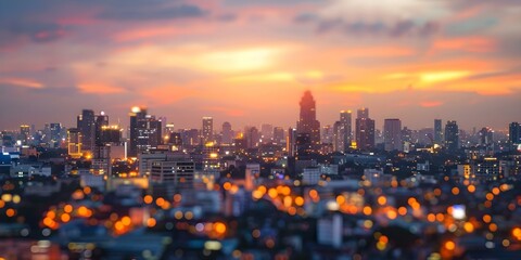 Obraz premium Blurry cityscape at twilight from a rooftop during golden hour. Concept Urban Photography, Rooftop Views, Golden Hour Glow, Blurry Cityscape, Twilight Atmosphere