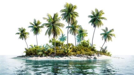 A serene tropical island with lush palm trees against a white background, ideal for travel and leisure use