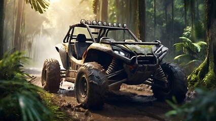 Fototapeta premium offroad vehicle running through muddy roads, ai generative