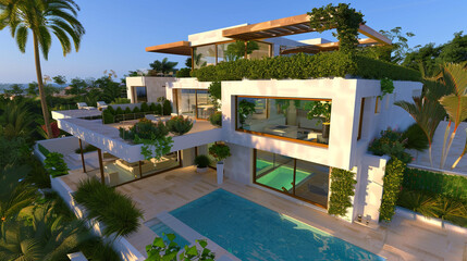 Fototapeta premium Modern villa boasting a rooftop terrace and luxurious pool area.