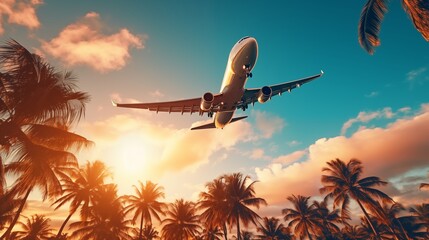 Airplane flying above palm trees in clear sunset sky with sun rays. Concept of traveling, vacation and travel by air transport. Beautiful sky background.