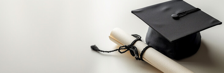 "Education concept banner with a black graduation cap and white diploma on a white background, ideal for academic themes."