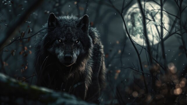 A wolf stands in the woods under a full moon