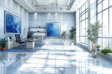 A freehand sketch of a bright, modern, futuristic office in a spacious, well-lit room, featuring sleek furniture, large windows, and advanced technology