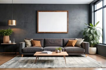 room with sofa and empty frame on the wall for your creativity