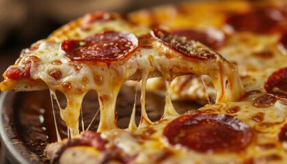 A close-up shot of the cheese oozing from an extreme slice, with pepperoni slices on top and dripping yellow sauce. 