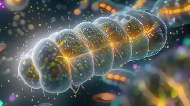A microscopic view of the intermembrane space of a mitochondrion showing the accumulation of protons during the electron transport chain for ATP synthesis.