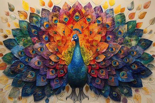  A hand-drawn style illustration featuring intricate peacock motifs within a mandala design