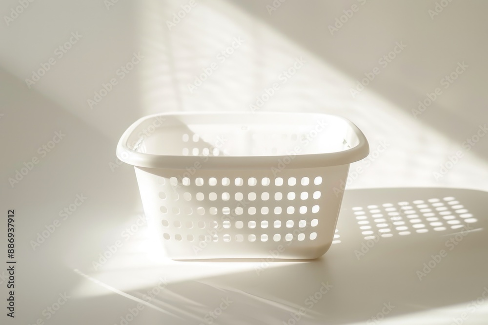 Poster a simple white laundry basket placed on a flat surface, suitable for use in still life photography o