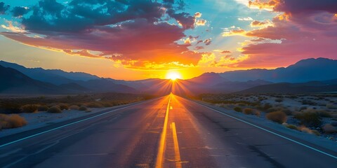 Golden sunset over desert highway with mountains and colorful sky silhouette. Concept Nature, Sunset, Desert, Mountains, Colors
