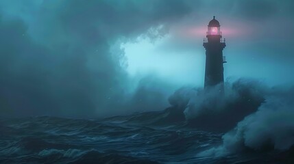 Fototapeta premium Minimal lighthouse during a tempest, massive waves, cool cyan and magenta, ultra HD quality