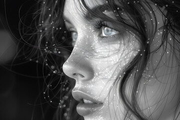 Fototapeta premium The girl's face is shown against the backdrop of a wireframe plexus, creating a striking visual contrast between her features and the geometric design