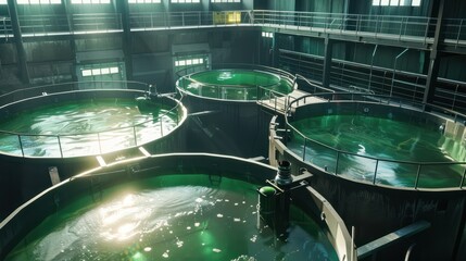 Large tank for biological purification and filtration, showcasing an eco-friendly water treatment solution for wastewater recycling.