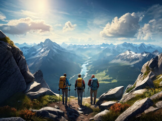 Obraz premium Conquering the Climb: Breathtaking Views Reward Hikers at the Mountaintop. World on Top: Group Achieves Hiking Goal with Panoramic Mountain Vistas. generative AI